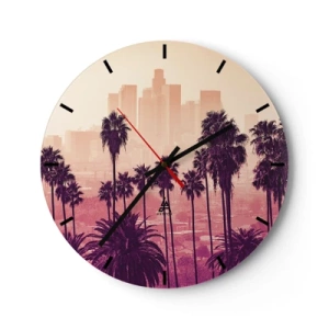 Reloj de pared - Reloj de vidrio - Puesta de sol con palmeras y el horizonte de la ciudad. - 30x30cm - El paisaje de California - Decoración de pared moderna para salón, cocina y dormitorio ARTTOR