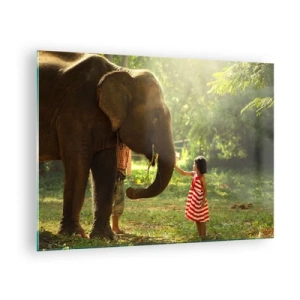 Cuadro sobre vidrio - Impresiones sobre Vidrio - Una niña con un vestido rojo tocando un elefante en el bosque. - 70x50cm - El poder de la amistad - Decoración de pared moderna para salón y dormitorio ARTTOR