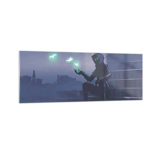 Cuadro sobre vidrio - Impresiones sobre Vidrio - Una figura encapuchada con pájaros mágicos en el fondo de una ciudad. - 140x50cm - La vida volverá - Decoración de pared moderna para salón y dormitorio ARTTOR