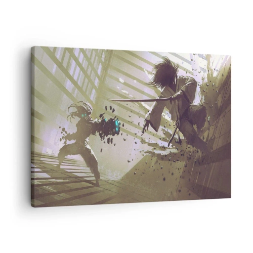 Cuadro sobre lienzo - Impresión de Imagen - Lucha dinámica entre dos personajes en estilo futurista. - 70x50cm - Y puedes ser un samurai - Decoración de pared moderna para salón y dormitorio ARTTOR