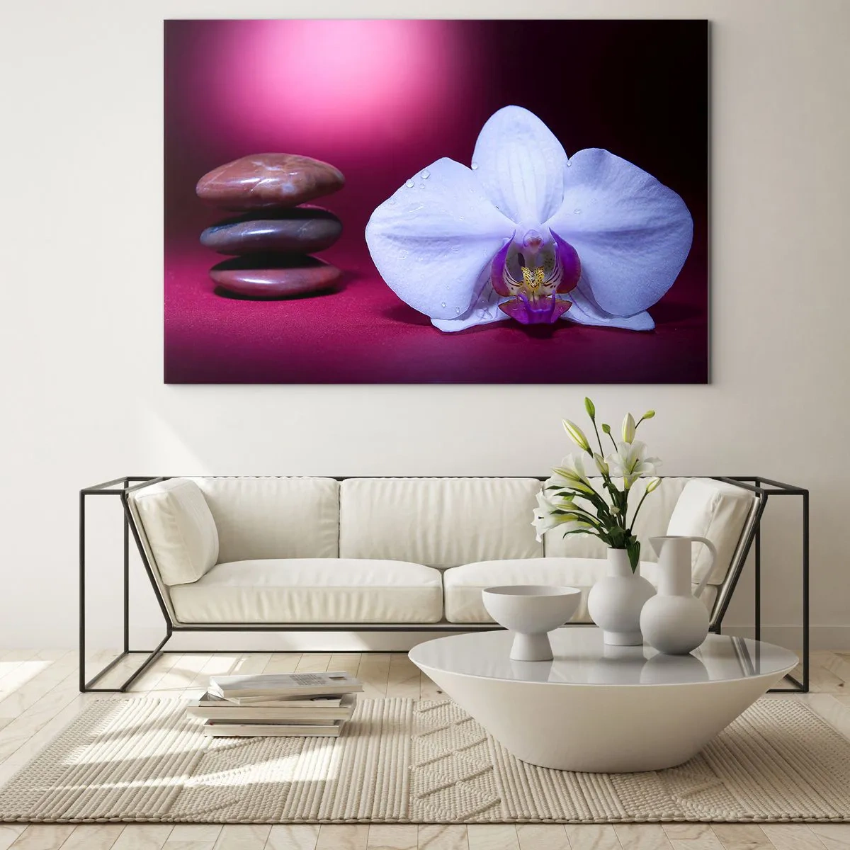 Cuadro sobre vidrio - Impresiones sobre Vidrio - Orquídea blanca y piedras sobre un fondo de luz violeta. - 70x50cm - Estudio de frescura en violeta - Decoración de pared moderna para salón y dormitorio ARTTOR
