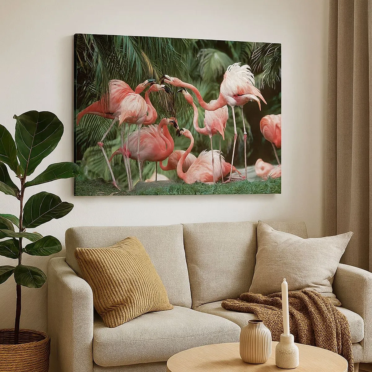 Cuadro sobre lienzo - Impresión de Imagen - Un grupo de flamencos en un entorno tropical rodeado de palmeras. - 70x50cm - Cotilleos de la tarde - Decoración de pared moderna para salón y dormitorio ARTTOR