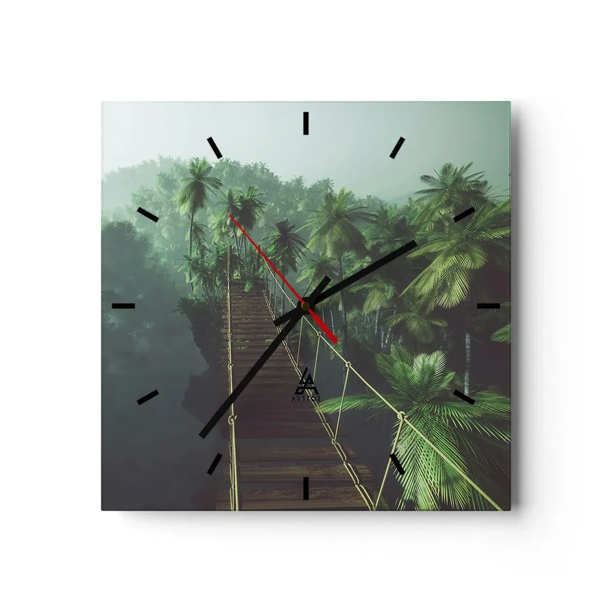 Reloj de pared - Reloj de vidrio - Un puente colgante en un bosque tropical rodeado de niebla. - 30x30cm - Sobre un mar de verde - Decoración de pared moderna para salón y dormitorio ARTTOR