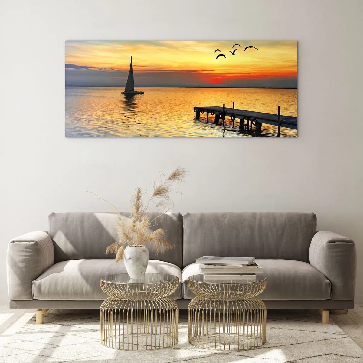 Cuadro sobre vidrio - Impresiones sobre Vidrio - Puesta de sol con un velero y un muelle en un lago tranquilo - 140x50cm - Regresos nocturnos - Decoración de pared moderna para salón y dormitorio ARTTOR