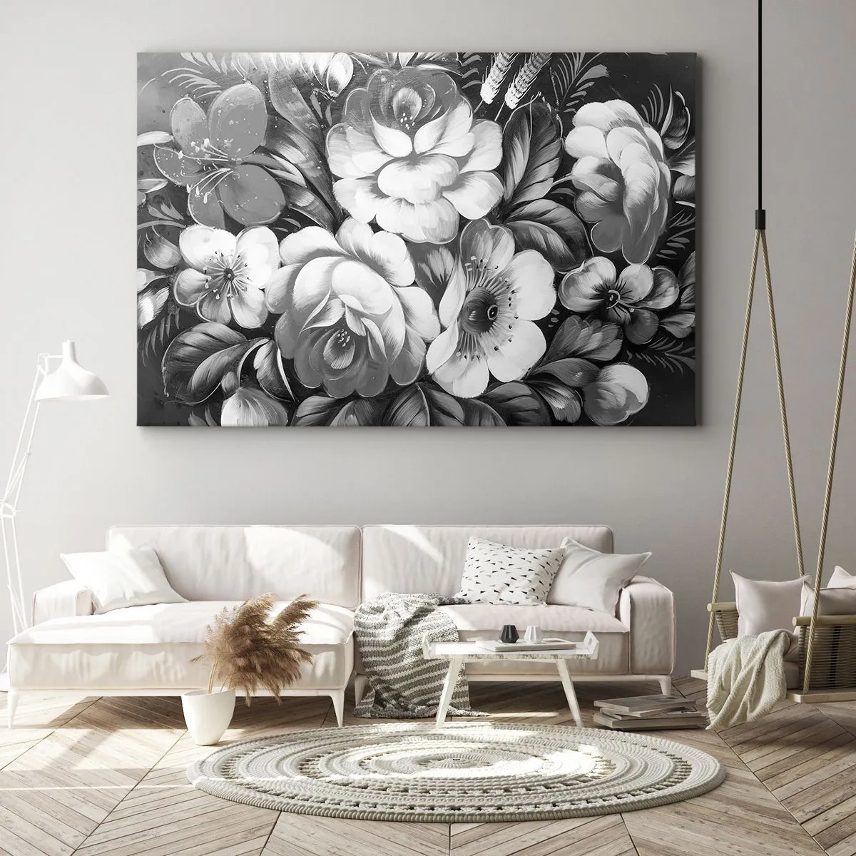 Cuadro sobre lienzo - Impresión de Imagen - Flores en blanco y negro en una composición clásica y elegante. - 70x50cm - Hermoso incluso en el gris - Decoración de pared moderna para salón y dormitorio ARTTOR