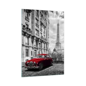 Cuadro sobre vidrio - Impresiones sobre Vidrio - Coche rojo frente a la Torre Eiffel en París en blanco y negro - 50x70cm - Un depredador en la ciudad - Decoración de pared moderna para salón y dormitorio ARTTOR