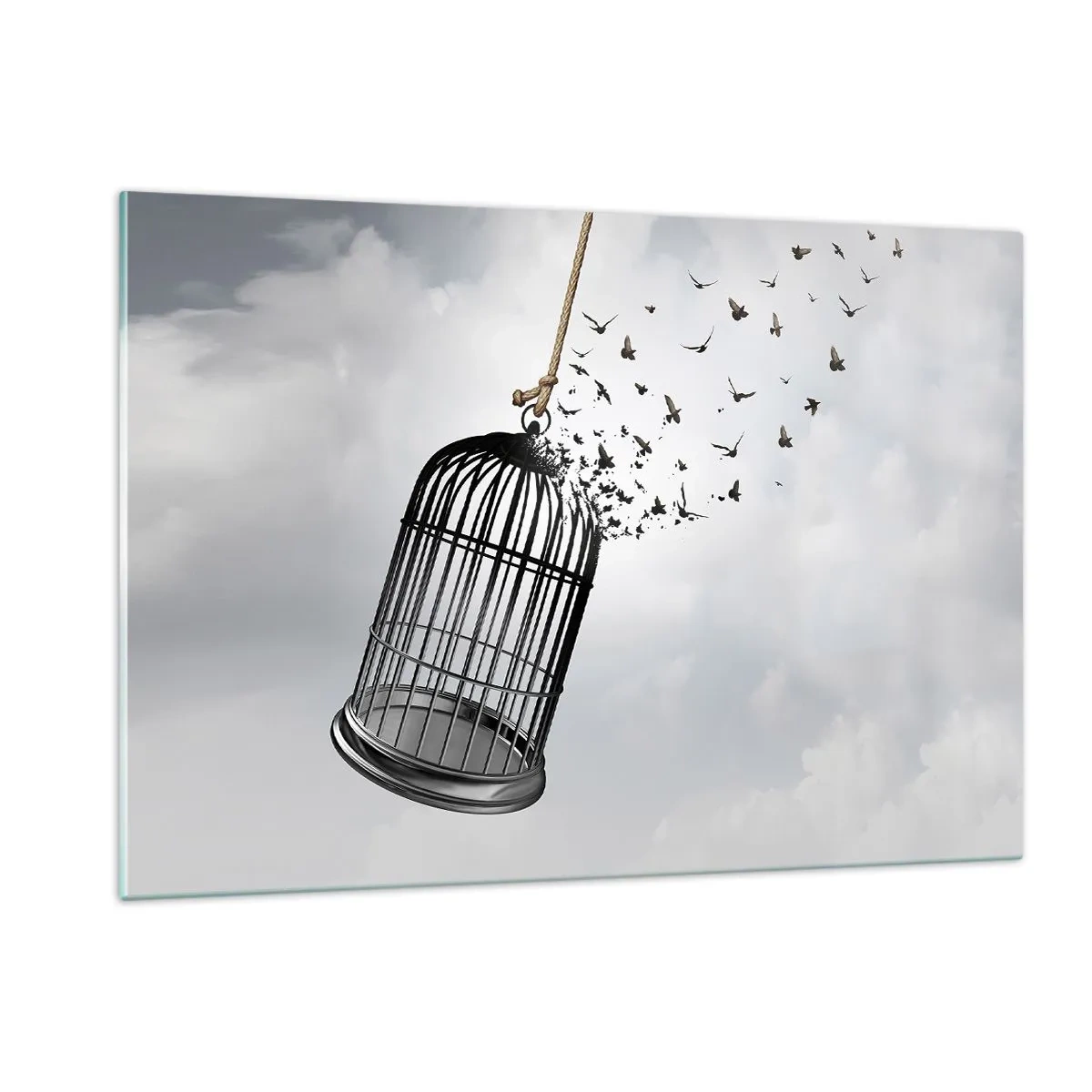 Cuadro sobre vidrio - Impresiones sobre Vidrio - La apertura de la jaula y los pájaros saliendo de ella contra el cielo. - 120x80cm - Fe... Esperanza... ¡Libertad! - Decoración de pared moderna para salón y dormitorio ARTTOR