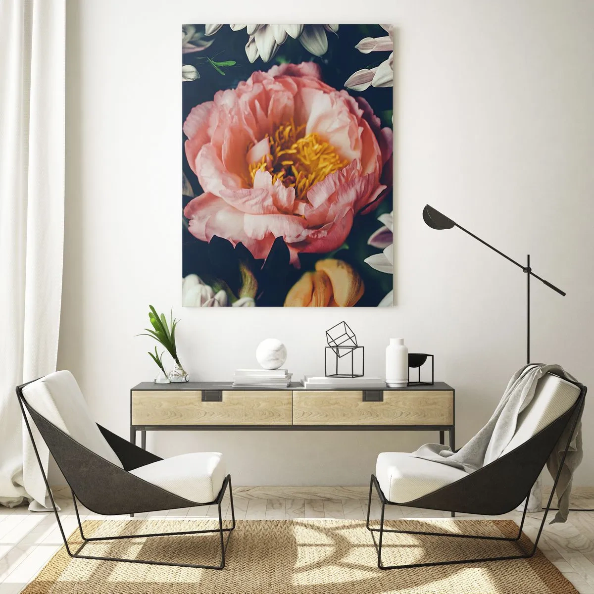 Cuadro sobre vidrio - Impresiones sobre Vidrio - Arreglo floral con peonías y crisantemos sobre fondo oscuro. - 80x120cm - Con esplendor barroco - Decoración de pared moderna para salón y dormitorio ARTTOR