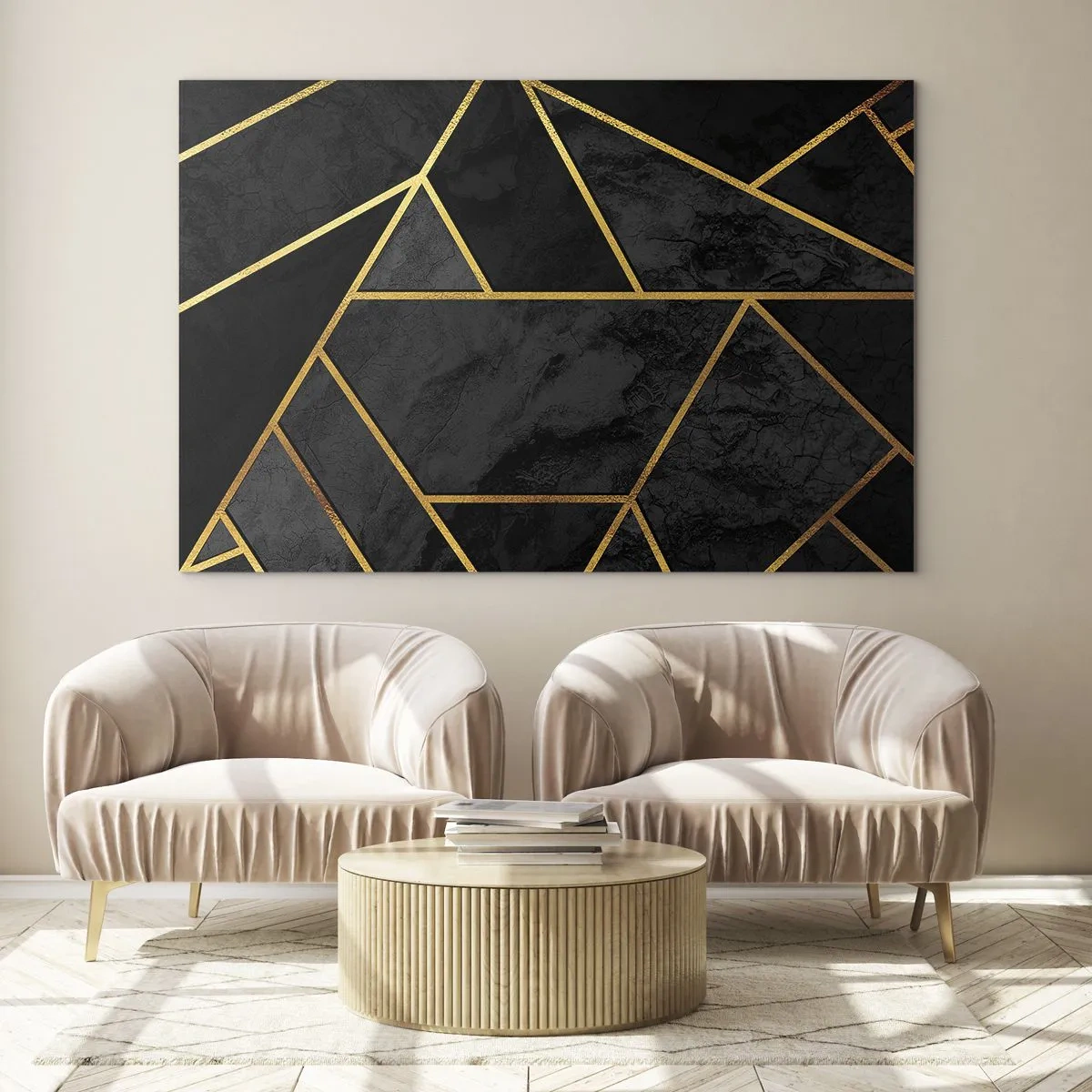 Cuadro sobre vidrio - Impresiones sobre Vidrio - Composición geométrica negra y dorada sobre un fondo de mármol. - 70x50cm - Oscuridad y brillo - Decoración de pared moderna para salón y dormitorio ARTTOR