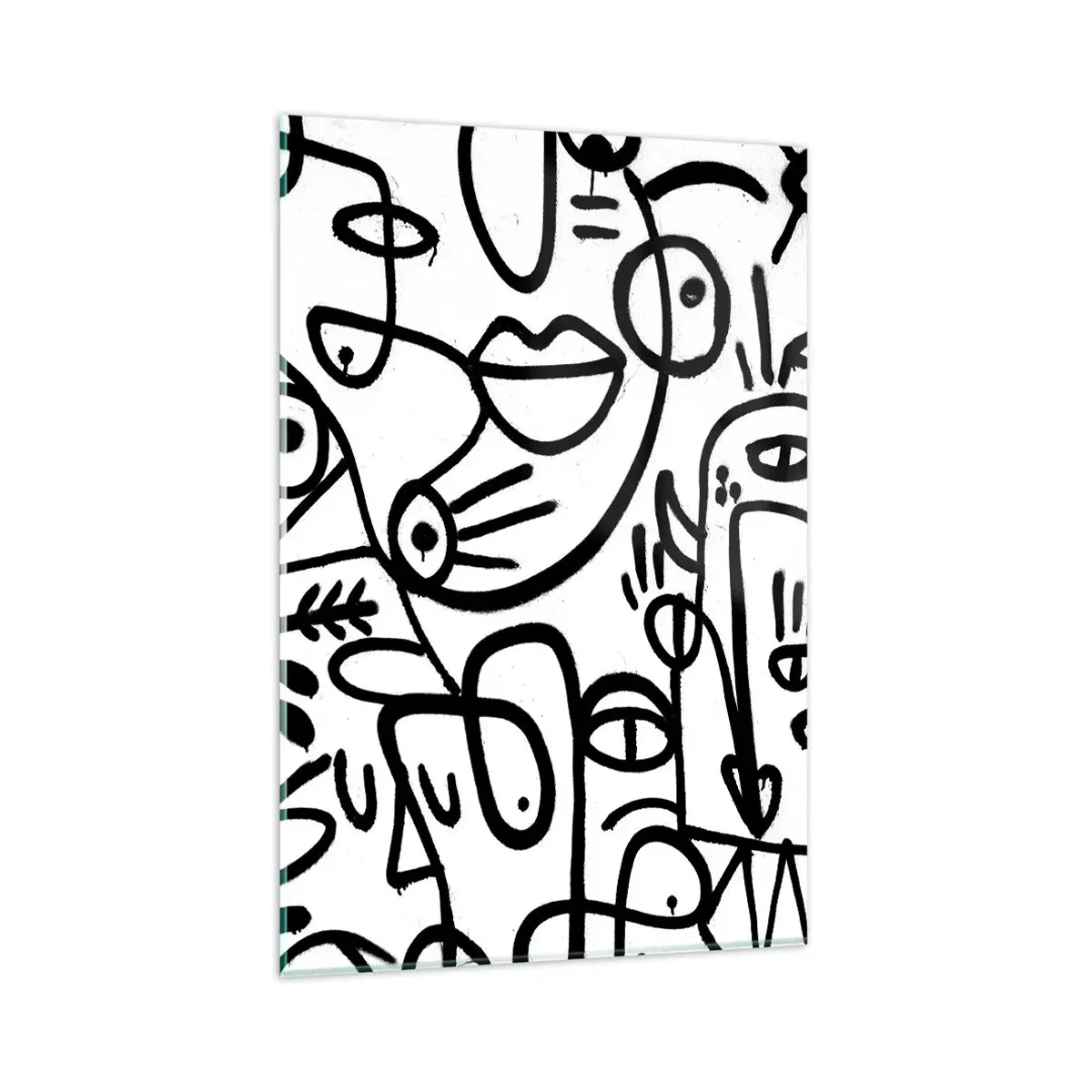 Cuadro sobre vidrio - Impresiones sobre Vidrio - Dibujos abstractos en blanco y negro con motivos faciales. - 80x120cm - Rostros y espejismos - Decoración de pared moderna para salón y dormitorio ARTTOR