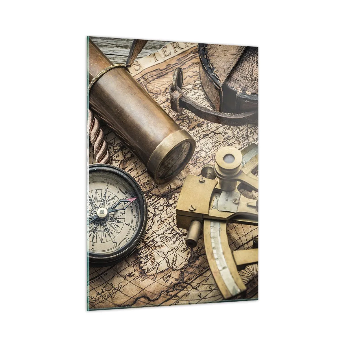 Cuadro sobre vidrio - Impresiones sobre Vidrio - Brújula, mapa y ayudas para la navegación de estilo retro - 50x70cm - Establecer un rumbo - Decoración de pared moderna para salón y dormitorio ARTTOR