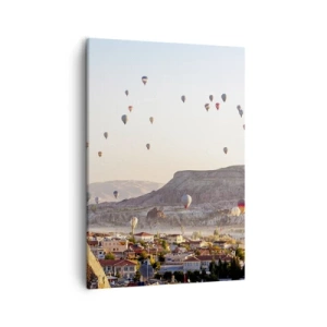 Cuadro sobre lienzo - Impresión de Imagen - Capadocia con globos con el telón de fondo de pintorescas colinas. - 50x70cm - Surcando los cielos - Decoración de pared moderna para salón y dormitorio ARTTOR