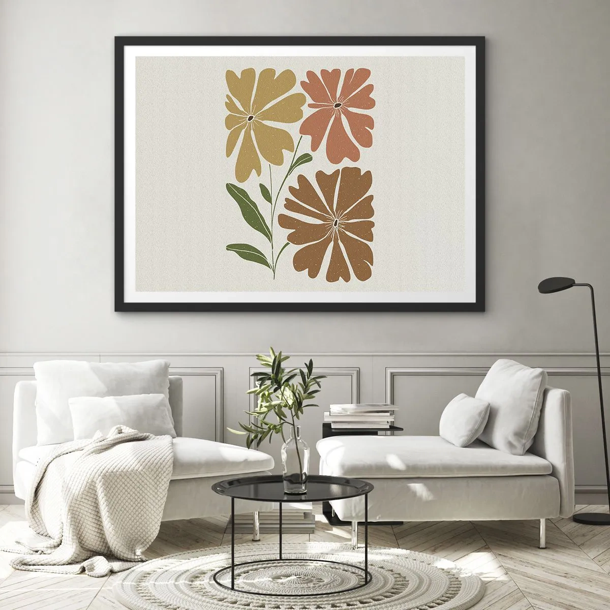 Póster en marco negro - Tres flores en colores cálidos sobre un fondo claro. - 100x70cm - Naturaleza y geometría - Decoración de pared moderna para salón y dormitorio ARTTOR