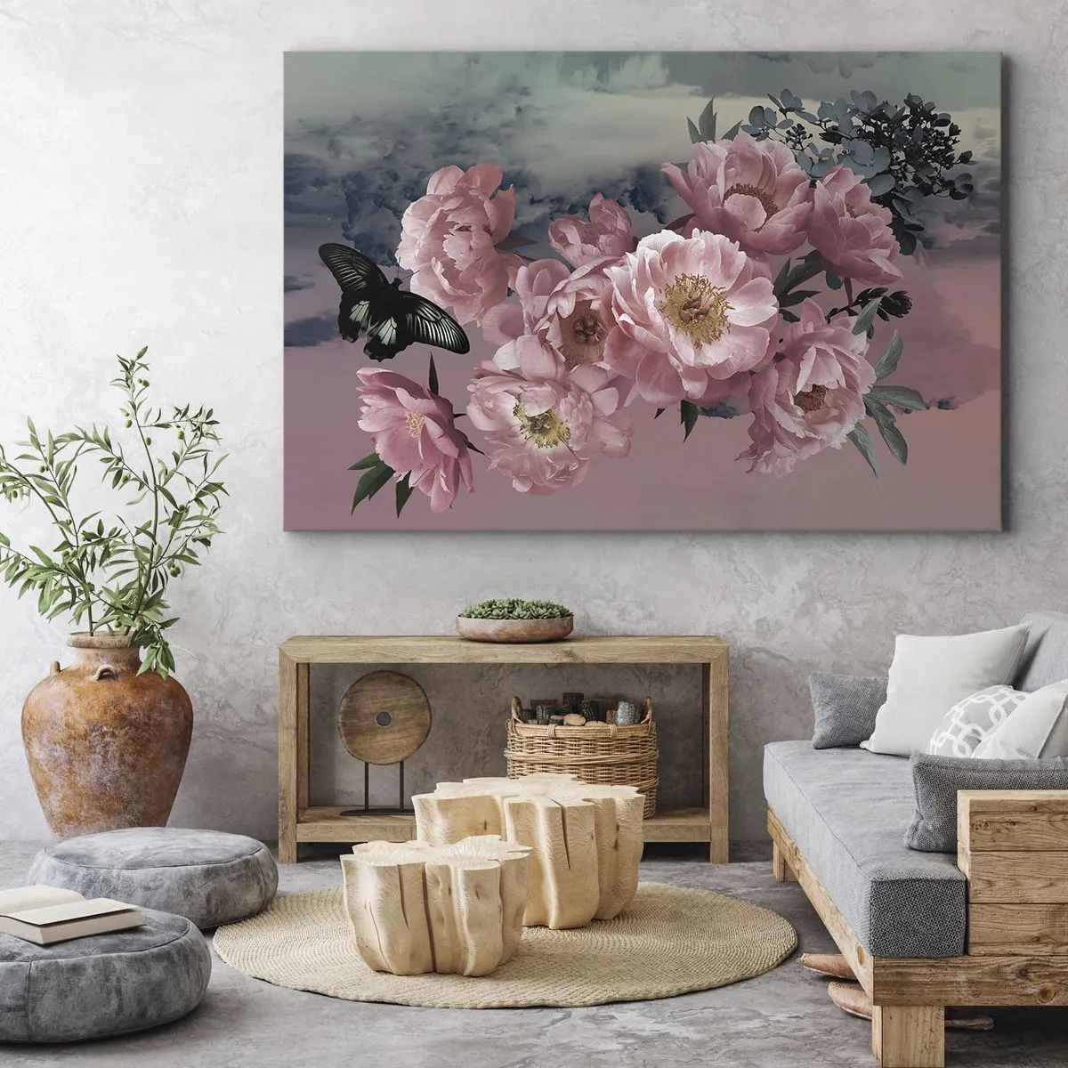 Cuadro sobre lienzo - Impresión de Imagen - Peonías rosas con una mariposa sobre un fondo pastel. - 70x50cm - La cúspide del romance - Decoración de pared moderna para salón y dormitorio ARTTOR