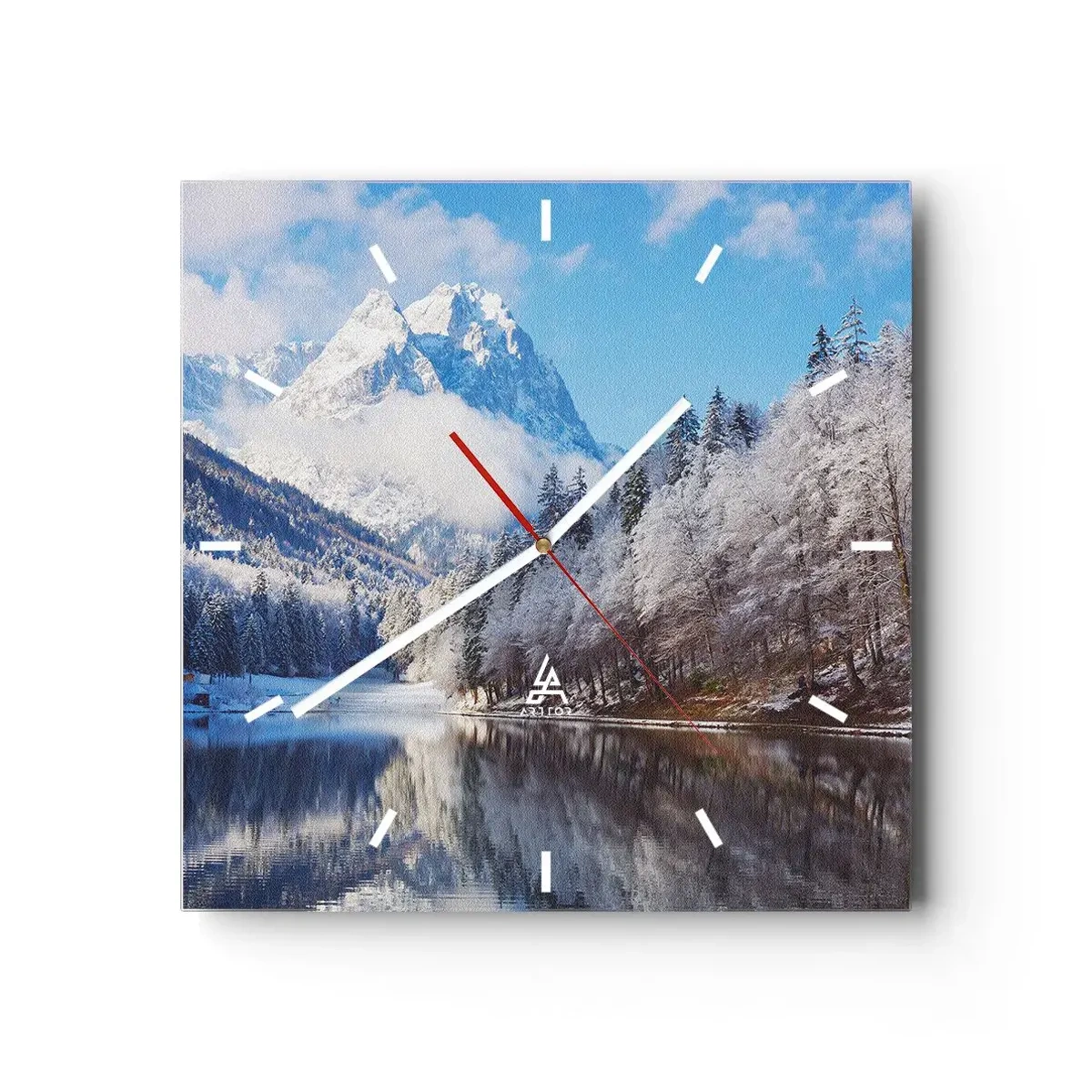 Reloj de pared - Reloj de vidrio - Paisaje invernal de montaña con árboles cubiertos de nieve y un lago. - 30x30cm - Guardia de nieve - Decoración de pared moderna para salón y dormitorio ARTTOR