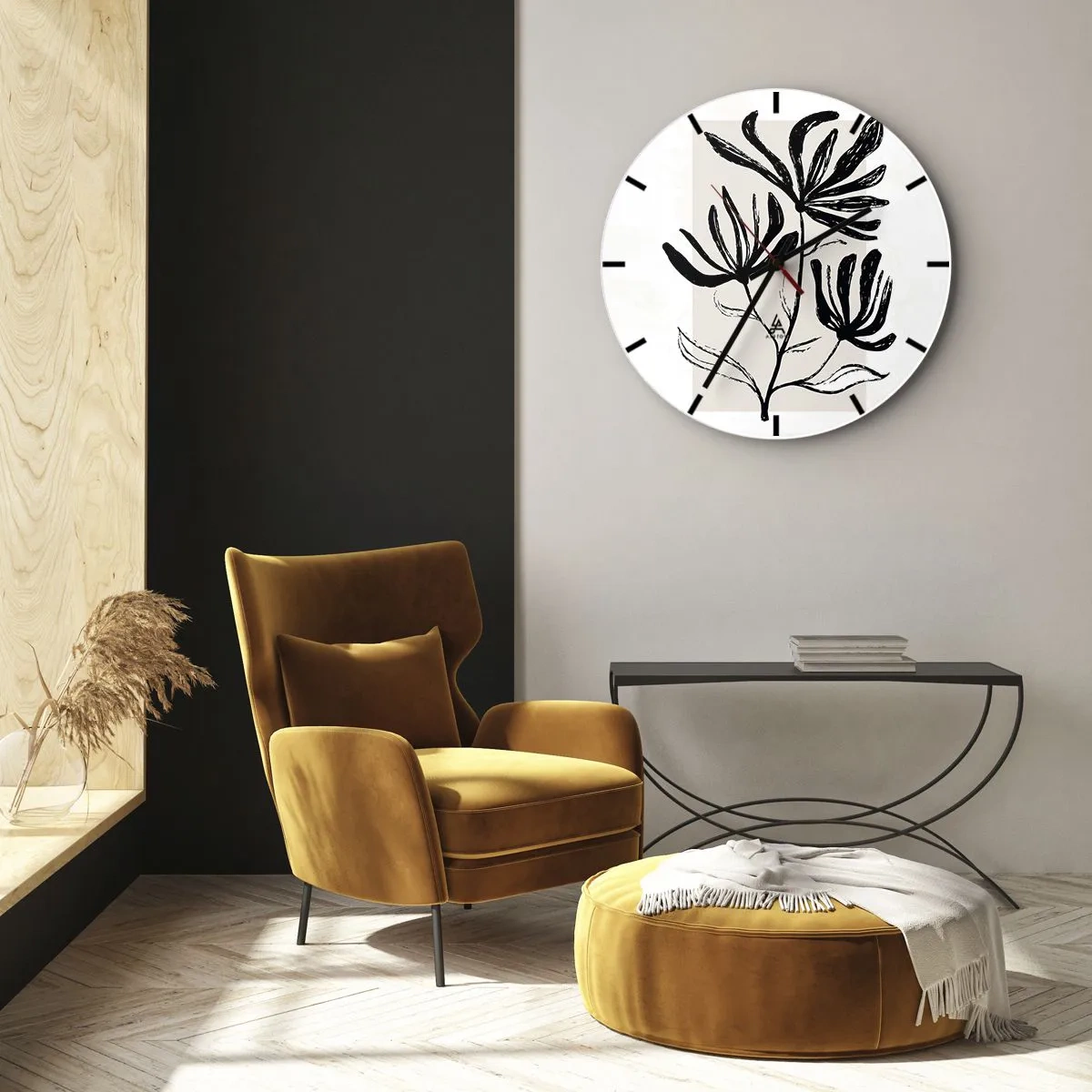 Reloj de pared - Reloj de vidrio - Un boceto negro de una planta sobre un fondo claro con un acento beige. - 30x30cm - Esbozo para un herbario - Decoración de pared moderna para salón, cocina y dormitorio ARTTOR