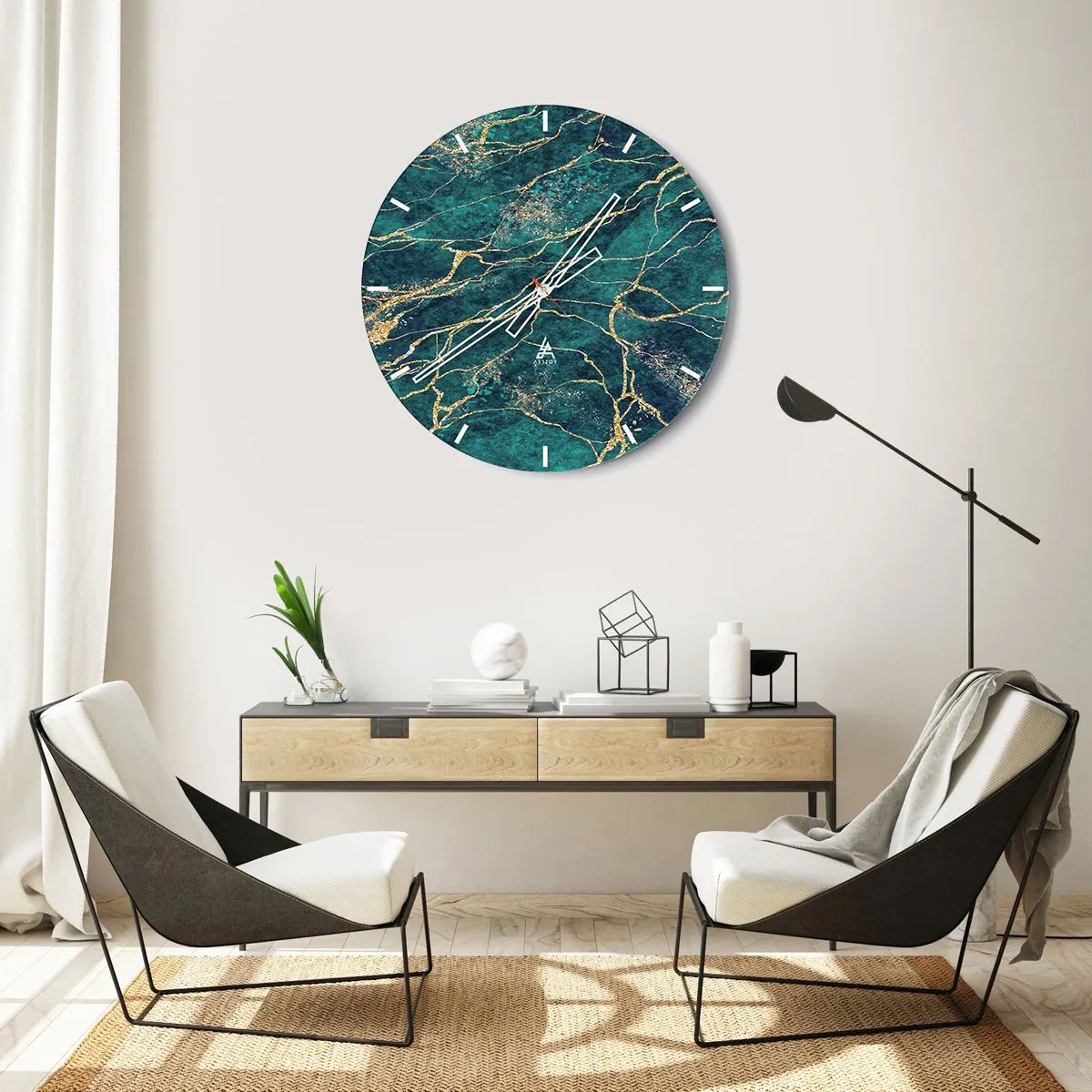 Reloj de pared - Reloj de vidrio - Un patrón verde y dorado que se asemeja a un mineral con vetas doradas. - 30x30cm - Riachuelos de oro - Decoración de pared moderna para salón, cocina y dormitorio ARTTOR
