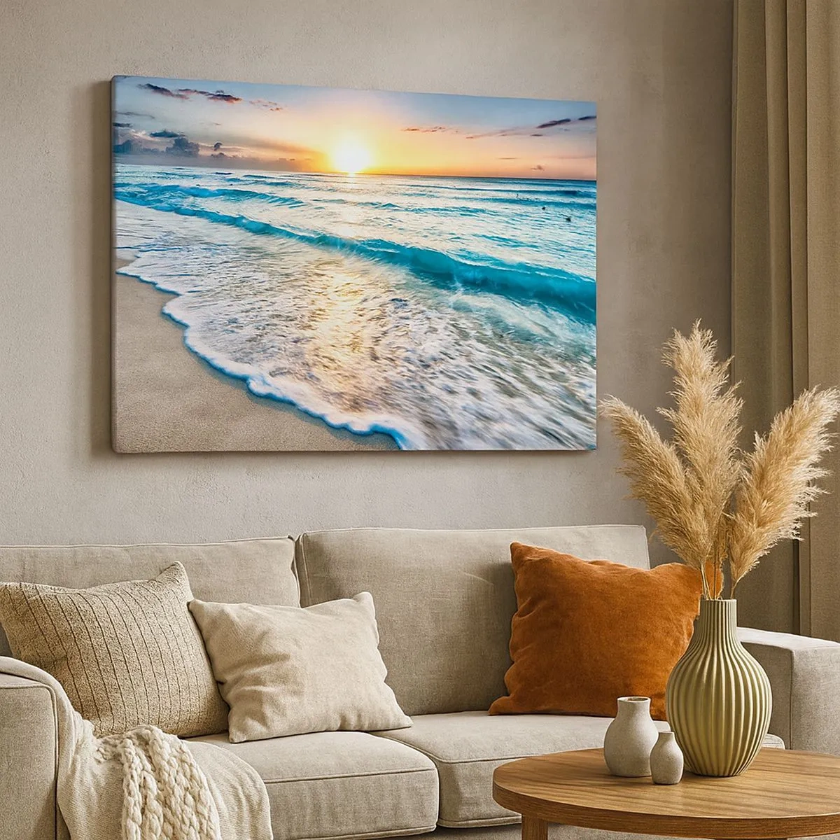Cuadro sobre lienzo - Impresión de Imagen - Amanecer sobre una playa tranquila con olas. - 70x50cm - Un espectáculo digno de ver - Decoración de pared moderna para salón y dormitorio ARTTOR