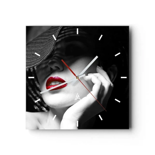 Reloj de pared - Reloj de vidrio - Retrato en blanco y negro de una mujer con labios rojos. - 30x30cm - Estudio en escarlata - Decoración de pared moderna para salón y dormitorio ARTTOR