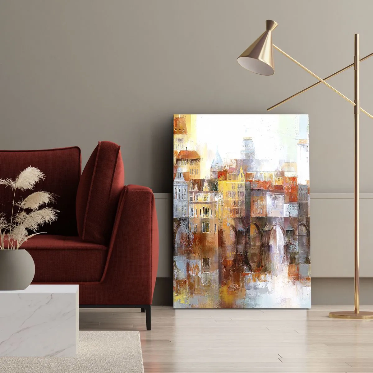 Cuadro sobre lienzo - Impresión de Imagen - Un pintoresco panorama de la ciudad con un puente en colores otoñales. - 80x120cm - Puente y ciudad - Decoración de pared moderna para salón y dormitorio ARTTOR