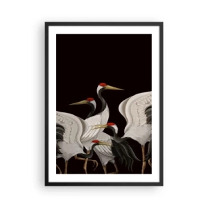 Póster en marco negro - Grúas elegantes sobre un fondo oscuro en estilo oriental. - 50x70cm - Asuntos de aves - Decoración de pared moderna para salón y dormitorio ARTTOR