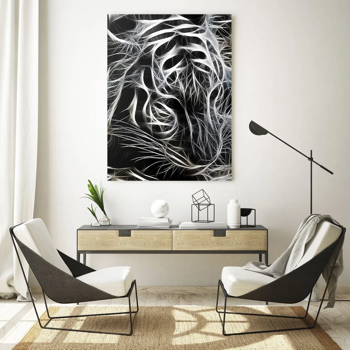 Cuadro sobre vidrio - Impresiones sobre Vidrio - Tigre abstracto en líneas luminosas sobre fondo negro - 50x70cm - Un estudio sobre la ligereza felina - Decoración de pared moderna para salón y dormitorio ARTTOR
