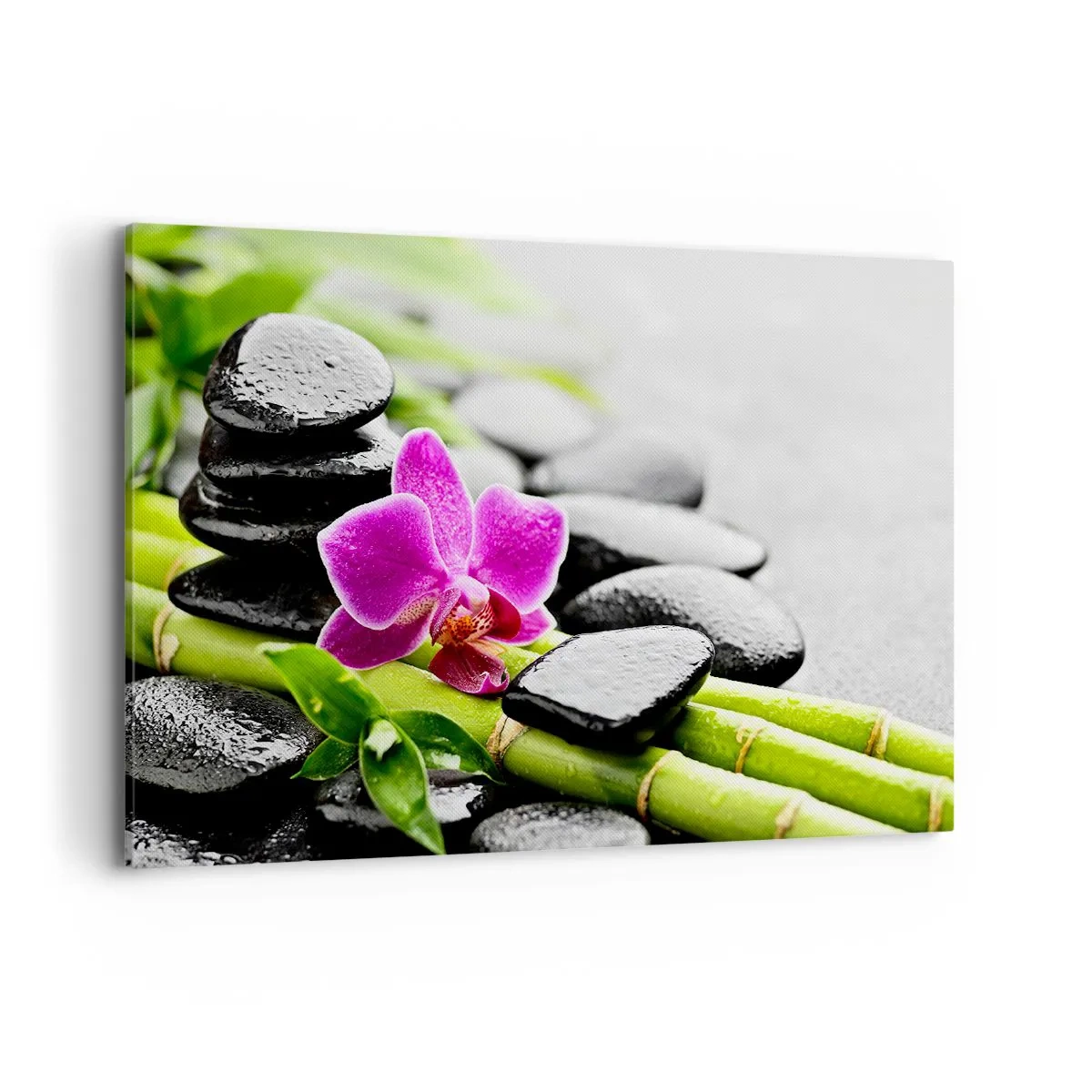 Cuadro sobre lienzo - Impresión de Imagen - Orquídea morada, piedras negras y bambú en una composición tranquila. - 120x80cm - En equilibrio pacífico - Decoración de pared moderna para salón y dormitorio ARTTOR