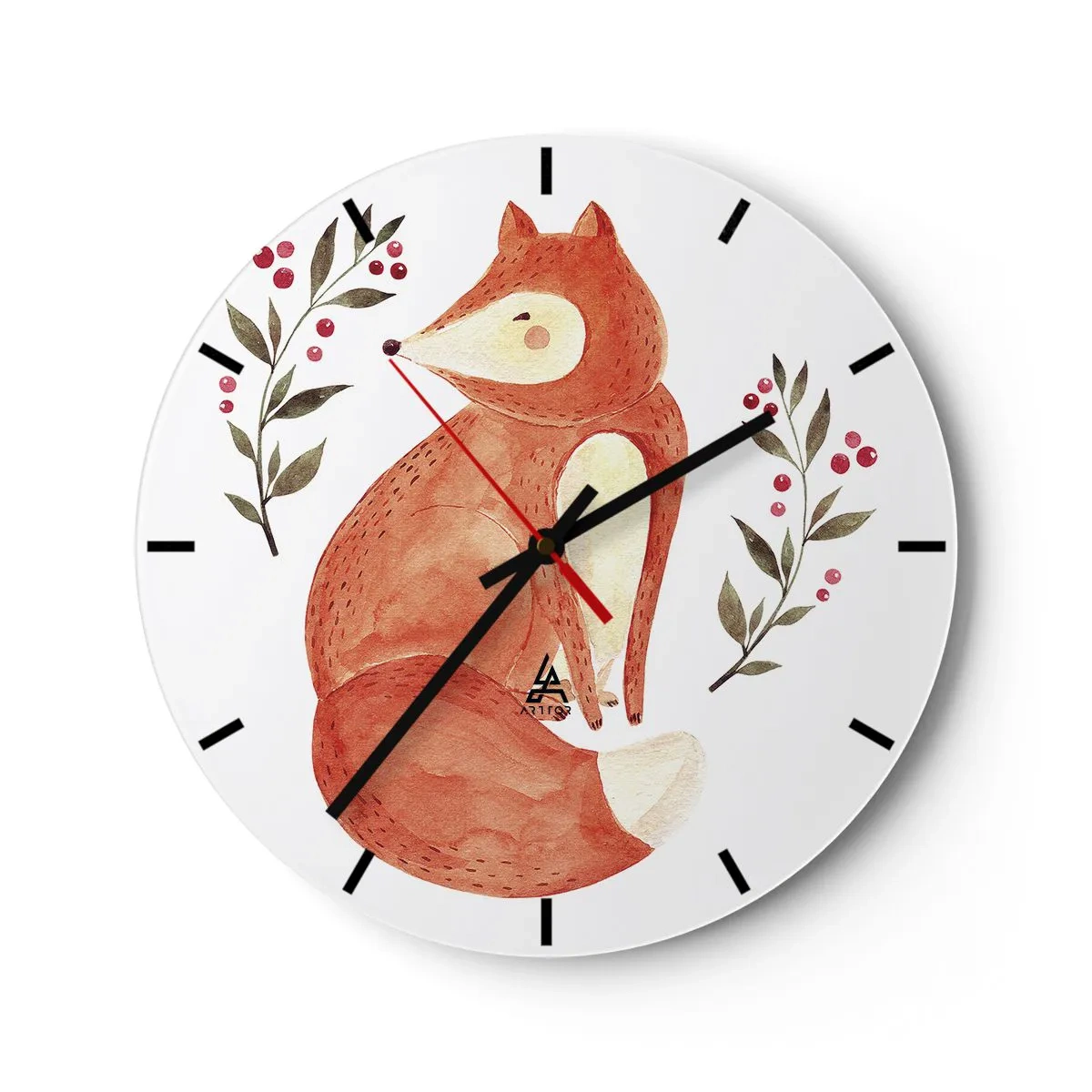 Reloj de pared - Reloj de vidrio - Ilustración de un zorro rojo rodeado de ramitas con bayas. - 30x30cm - Pequeño pelirrojo - Decoración de pared moderna para salón, cocina y dormitorio ARTTOR