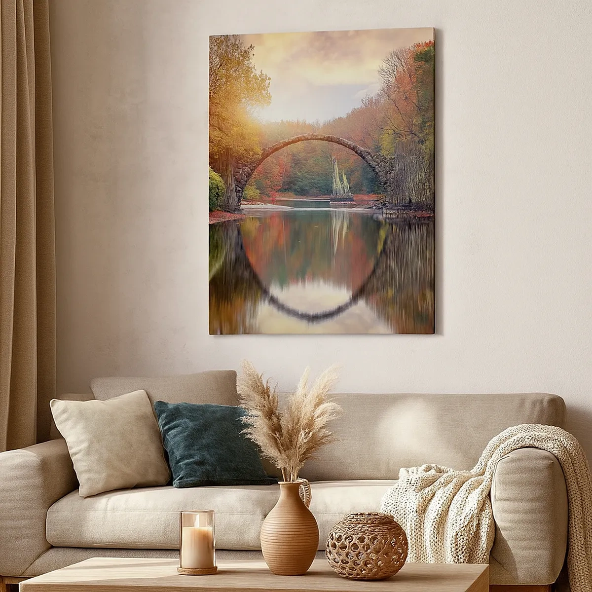 Cuadro sobre lienzo - Impresión de Imagen - Un puente de piedra en un paisaje otoñal sobre aguas tranquilas. - 50x70cm - Al otro lado del espejo - Decoración de pared moderna para salón y dormitorio ARTTOR