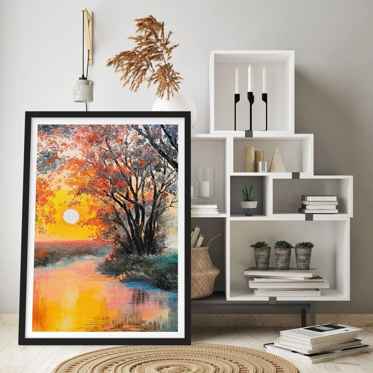 Póster en marco negro - Puesta de sol sobre un río con árboles - 50x70cm - Ambiente otoñal - Decoración de pared moderna para salón y dormitorio ARTTOR
