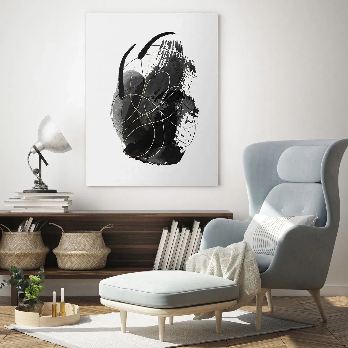 Cuadro sobre vidrio - Impresiones sobre Vidrio - Abstracción en negro y dorado sobre fondo blanco. - 70x100cm - Salió de la negrura - Decoración de pared moderna para salón y dormitorio ARTTOR