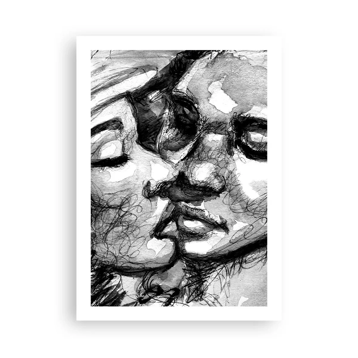 Póster - Retrato abstracto en blanco y negro de un beso - 50x70cm - Un momento tierno - Decoración de pared moderna para salón y dormitorio ARTTOR