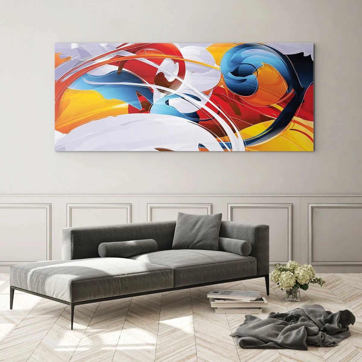 Cuadro sobre vidrio - Impresiones sobre Vidrio - Abstracción colorida con líneas dinámicas y colores vivos. - 140x50cm - Danza de los elementos - Decoración de pared moderna para salón y dormitorio ARTTOR