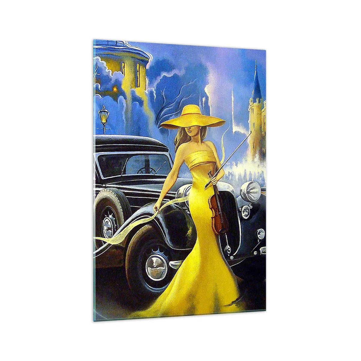 Cuadro sobre vidrio - Impresiones sobre Vidrio - Una mujer con un vestido amarillo con un violín junto a un coche retro. - 70x100cm - Noche de violín y pasión - Decoración de pared moderna para salón y dormitorio ARTTOR