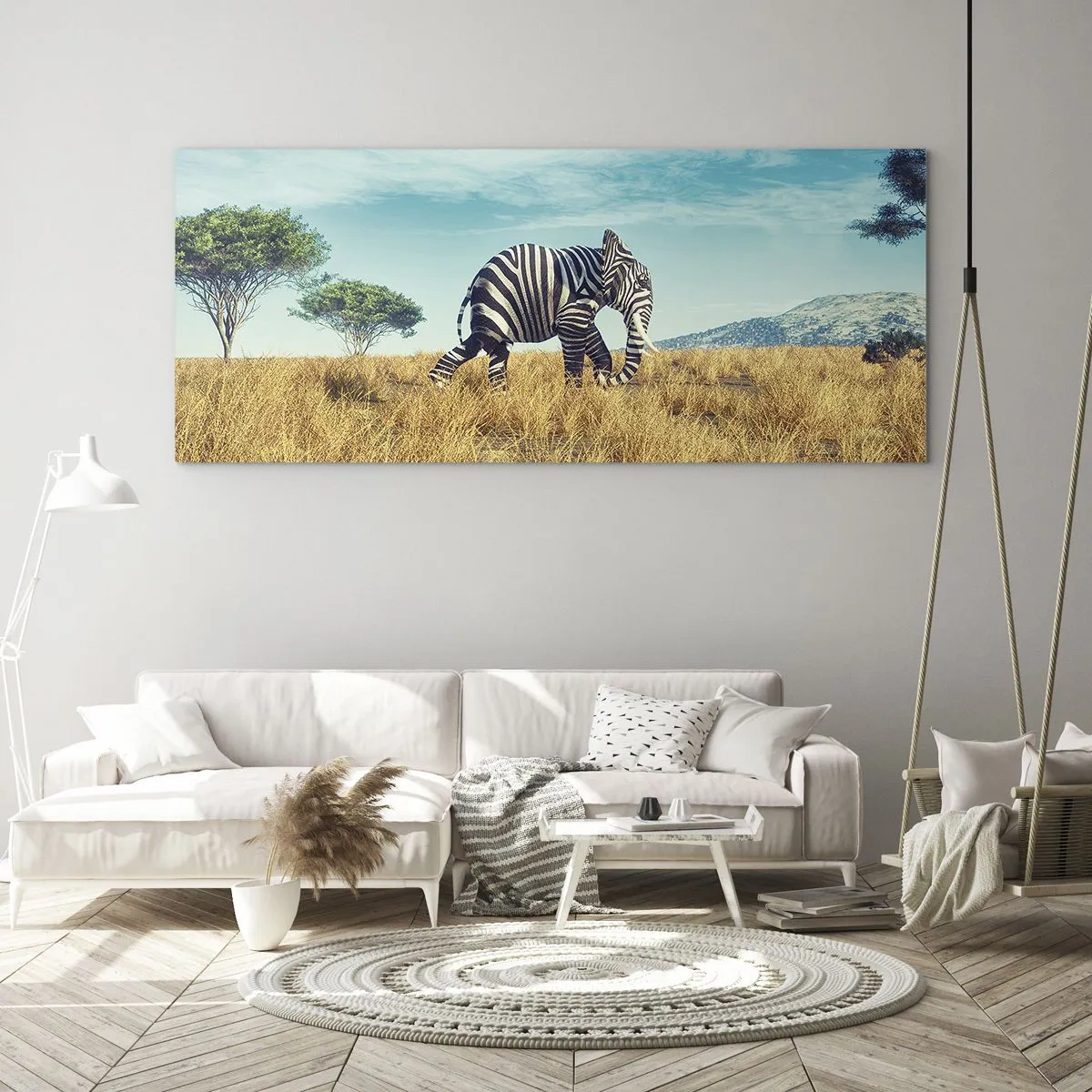 Cuadro sobre vidrio - Impresiones sobre Vidrio - Cebra en un paisaje africano - 120x50cm - El gris ya no está de moda - Decoración de pared moderna para salón y dormitorio ARTTOR