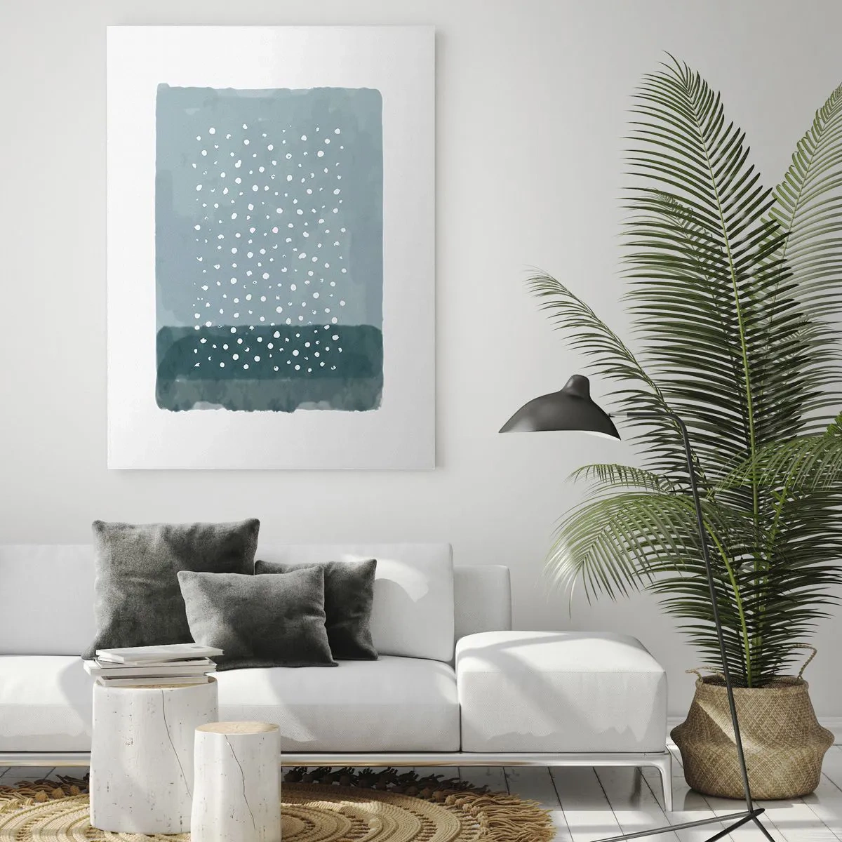 Cuadro sobre vidrio - Impresiones sobre Vidrio - Una pintura abstracta en tonos azules con puntos blancos. - 50x70cm - Creación sobre azul - Decoración de pared moderna para salón y dormitorio ARTTOR