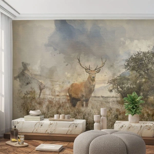 Fotomural Premium Sand - Un ciervo majestuoso en un prado en un artístico estilo de acuarela. - 100x70cm - Dignidad - fuerza - encanto - Decoración de pared moderna para salón y dormitorio ARTTOR