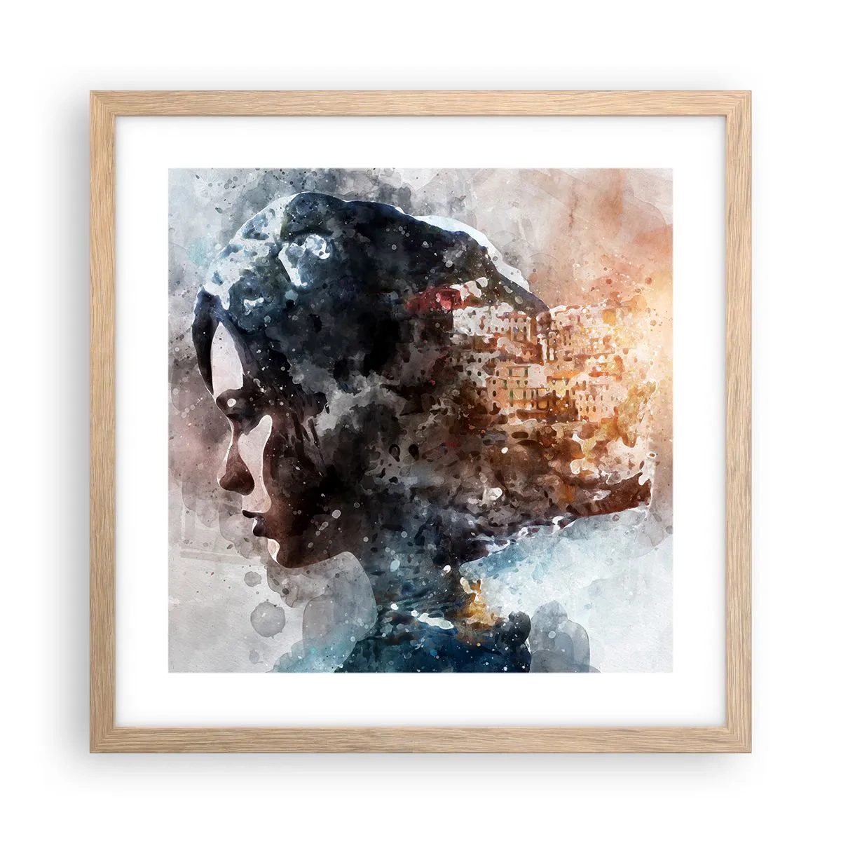 Póster en marco roble claro - Una historia sobre una niña con una ciudad de fondo - 40x40 cm