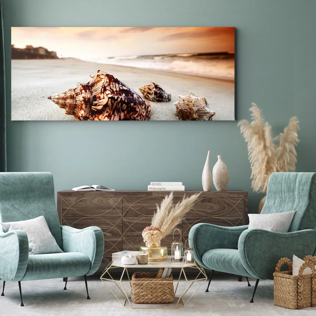 Cuadro sobre lienzo - Impresión de Imagen - Conchas en la playa al atardecer - 160x50cm - Los exiliados de las olas - Decoración de pared moderna para salón y dormitorio ARTTOR