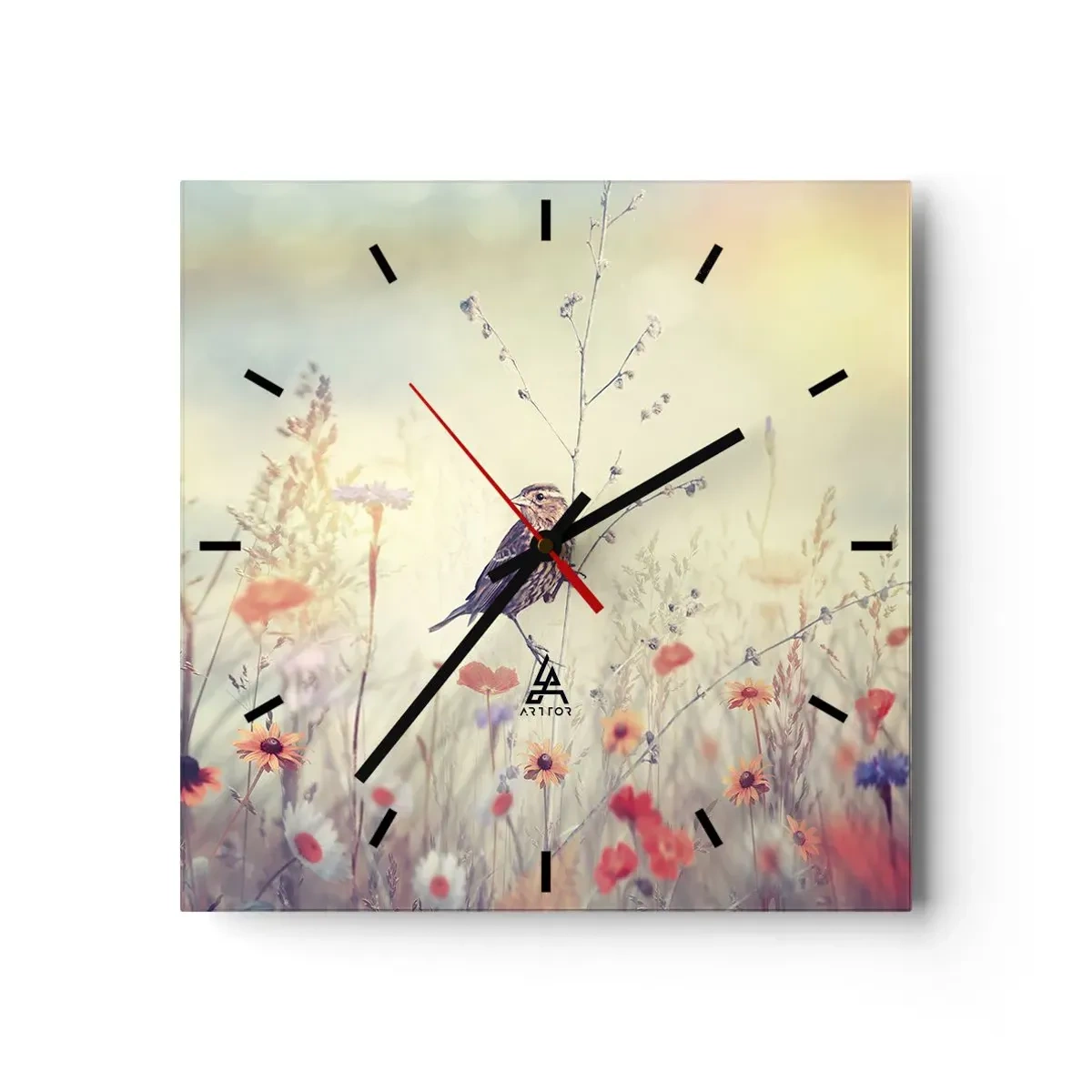 Reloj de pared - Reloj de vidrio - Retrato de pájaro con prado de fondo - 40x40 cm