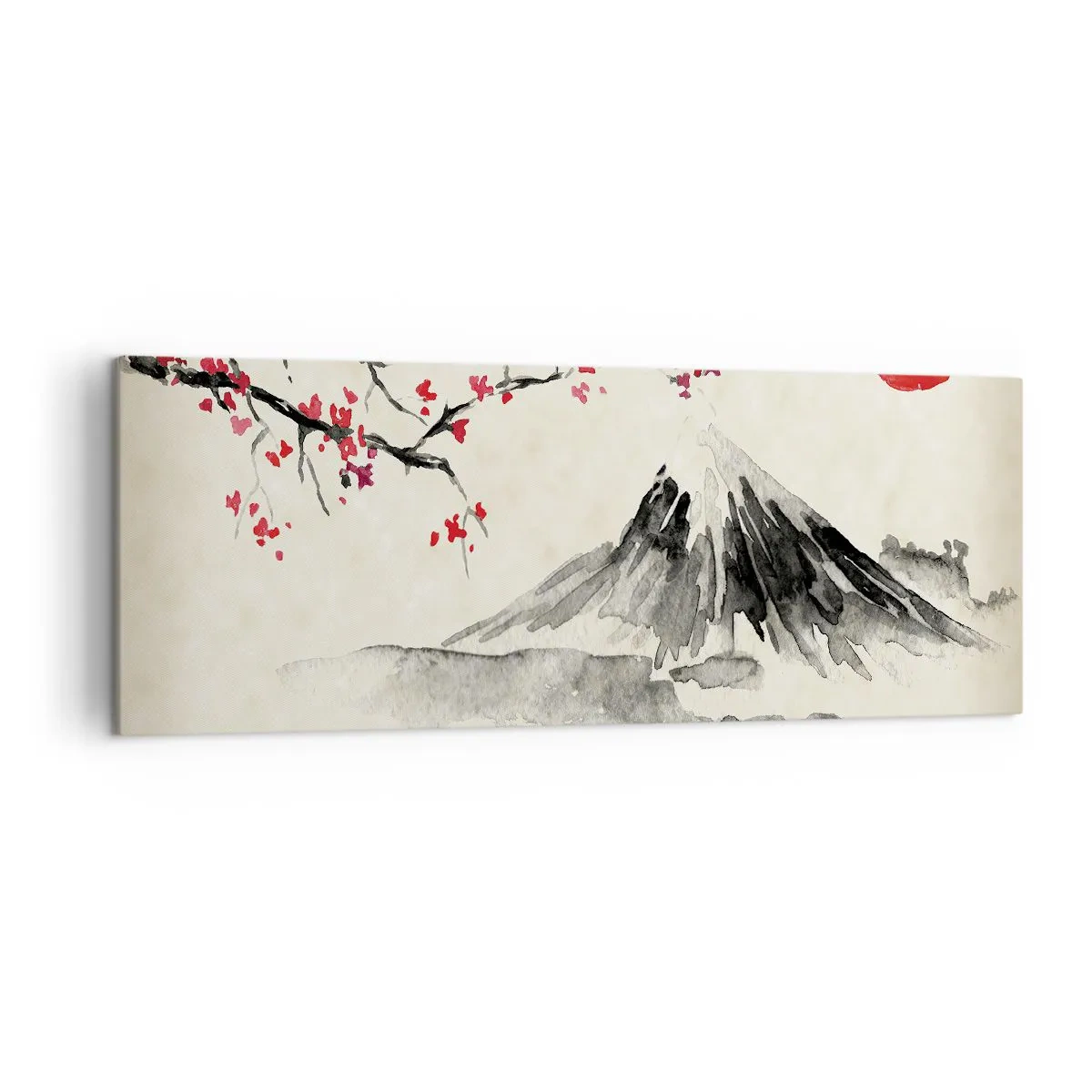 Cuadro sobre lienzo - Impresión de Imagen - Un paisaje pintoresco con una montaña, cerezos en flor y sol. - 140x50cm - Enamórate de Japón - Decoración de pared moderna para salón y dormitorio ARTTOR