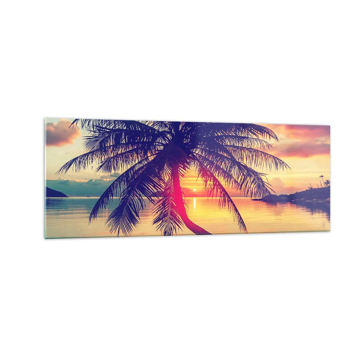 Cuadro sobre vidrio - Impresiones sobre Vidrio - Puesta de sol con una palmera sobre una orilla tranquila - 140x50cm - Atardecer bajo las palmeras - Decoración de pared moderna para salón y dormitorio ARTTOR