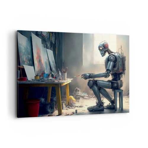 Cuadro sobre lienzo - Impresión de Imagen - Un robot pintando un cuadro en un estudio de arte. - 100x70cm - El acto de creación - Decoración de pared moderna para salón y dormitorio ARTTOR