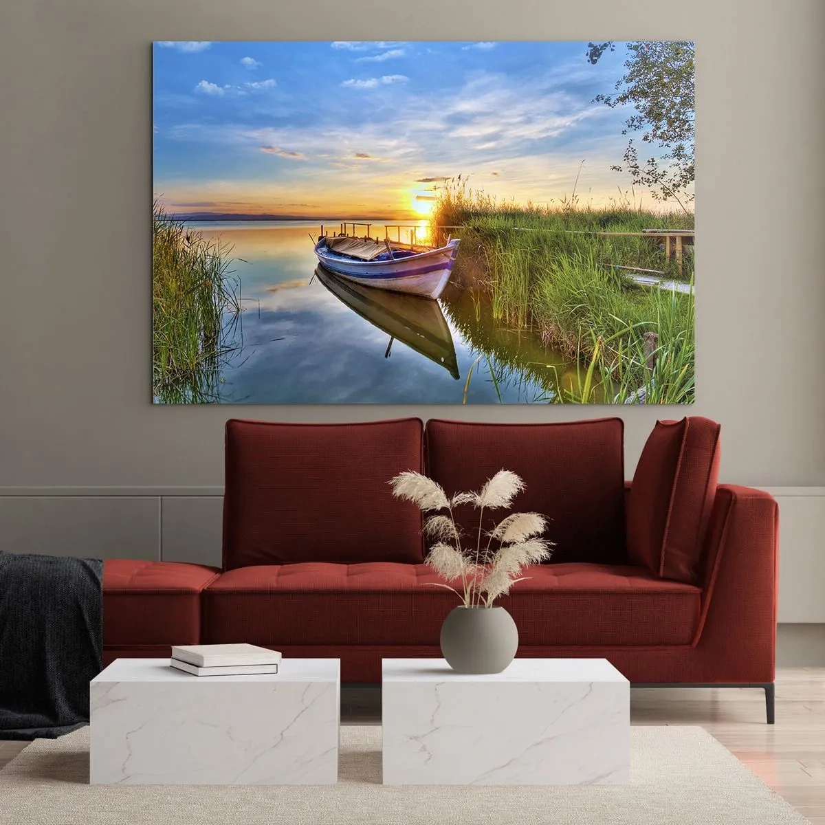 Cuadro sobre vidrio - Impresiones sobre Vidrio - Un barco amarrado en la orilla de un lago al atardecer. - 120x80cm - Sueños cumplidos - Decoración de pared moderna para salón y dormitorio ARTTOR