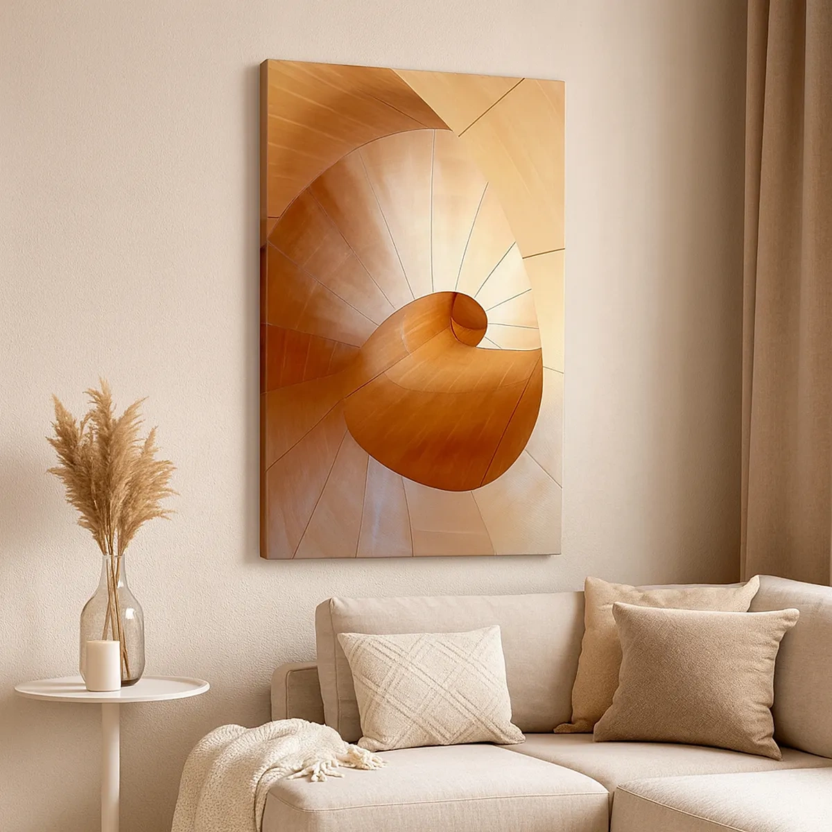 Cuadro sobre lienzo - Impresión de Imagen - Espiral abstracta en tonos madera y marrón claro. - 50x70cm - Serpentina arquitectónica - Decoración de pared moderna para salón y dormitorio ARTTOR