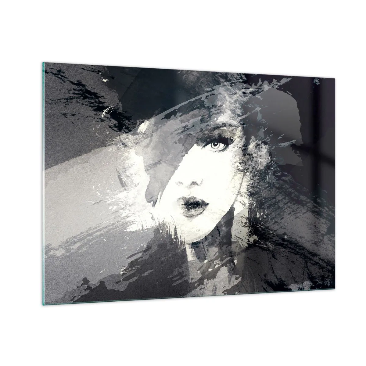 Cuadro sobre vidrio - Impresiones sobre Vidrio - El rostro de una mujer está parcialmente cubierto de manchas grises abstractas. - 100x70cm - Tras un velo gris - Decoración de pared moderna para salón y dormitorio ARTTOR