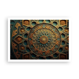 Póster - Un mandala dorado sobre un fondo turquesa con ricos detalles. - 100x70cm - En un clima árabe - Decoración de pared moderna para salón y dormitorio ARTTOR