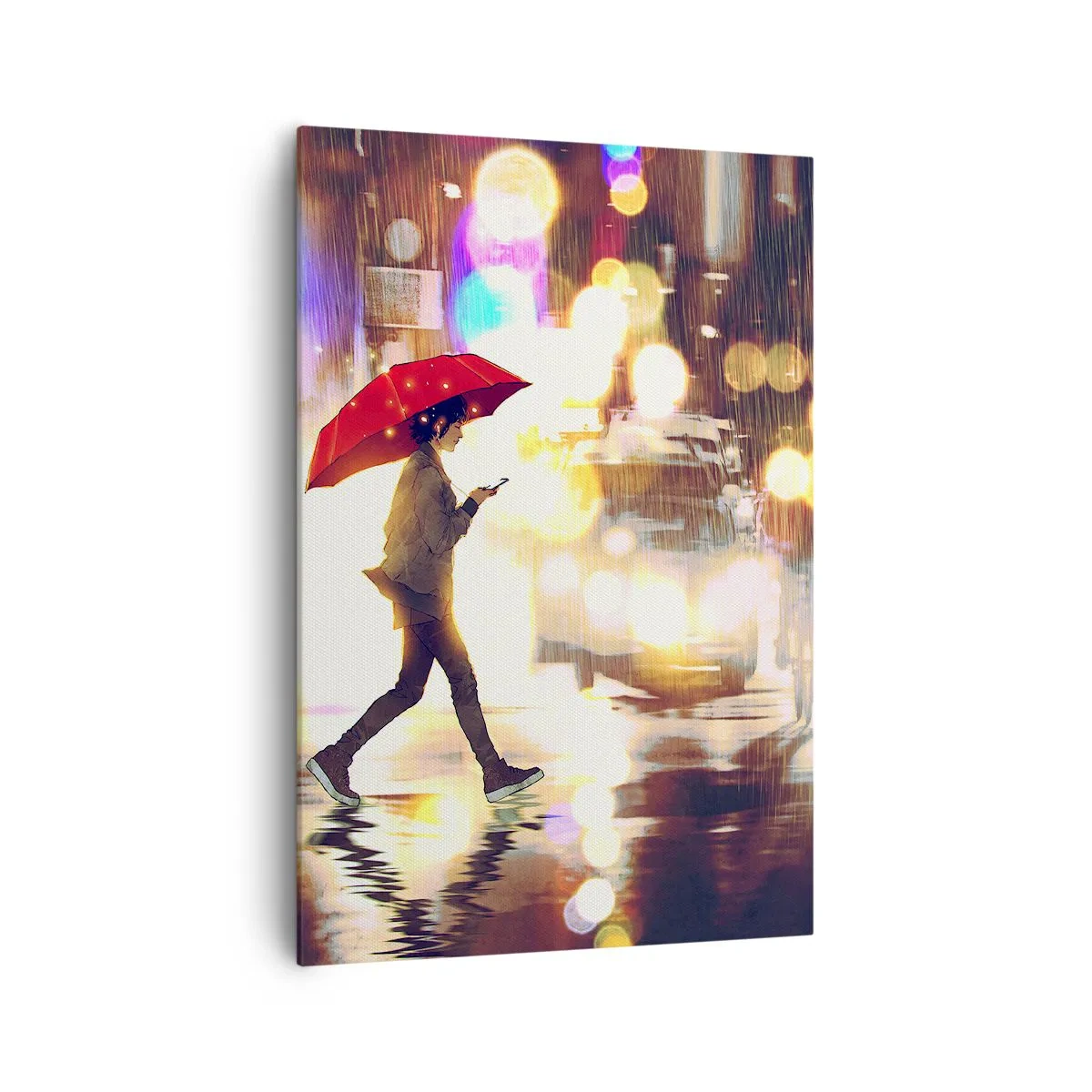 Cuadro sobre lienzo - Impresión de Imagen - Una figura con un paraguas rojo en la calle bajo la lluvia. - 70x100cm - Saldrá el sol - Decoración de pared moderna para salón y dormitorio ARTTOR