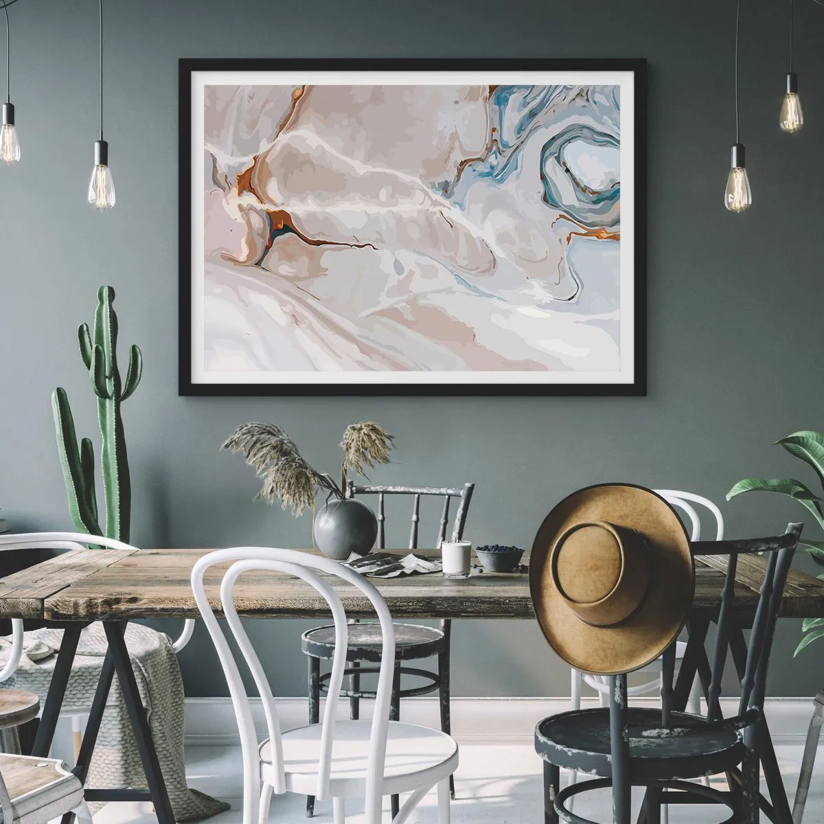 Póster en marco negro - Patrón abstracto en tonos de blanco y azul. - 100x70cm - El azul serpentea por el blanco - Decoración de pared moderna para salón y dormitorio ARTTOR