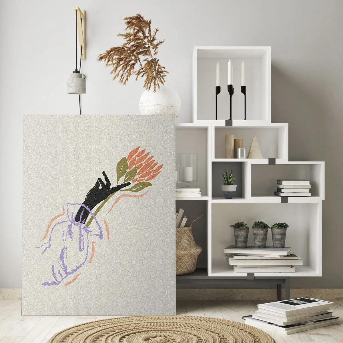 Cuadro sobre vidrio - Impresiones sobre Vidrio - Una mano estilizada con un ramo de flores dibujado con líneas pastel. - 50x70cm - Un toque fraternal - Decoración de pared moderna para salón y dormitorio ARTTOR